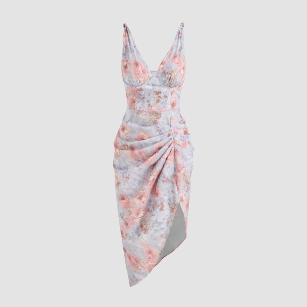 Cider ILLUSION FLORAL RUCHED MIDI DRESS